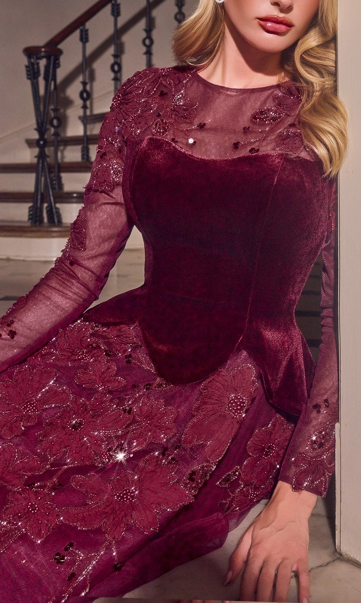 Long Formal Dress: Ladivine CM394 in deep red, featuring a velvet bodice, sheer long sleeves, and an A-line glitter tulle skirt with floral embroidery and sequins.